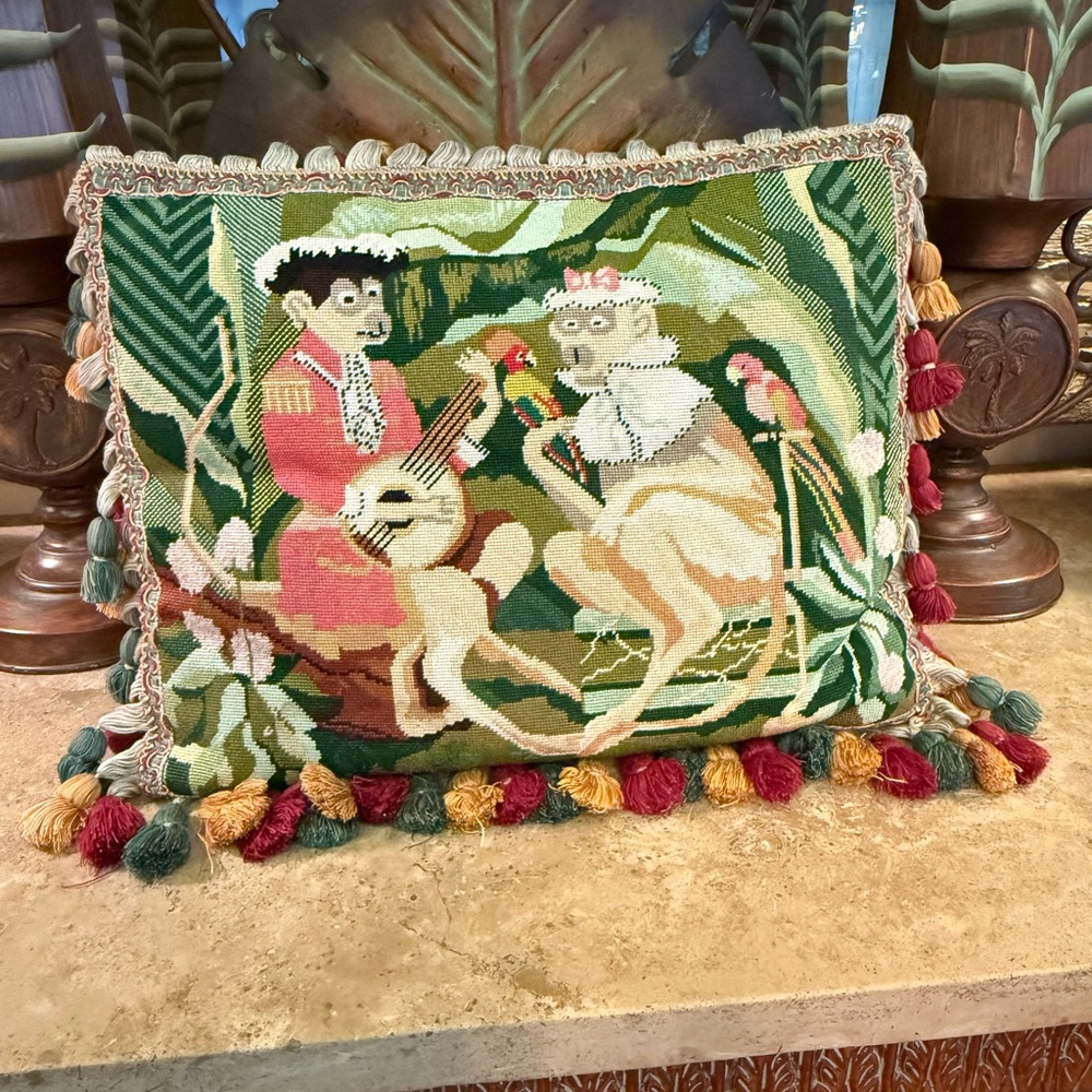 Vibrant Vintage Needlepoint Pillow Featuring Playful Monkeys Tassel Trim